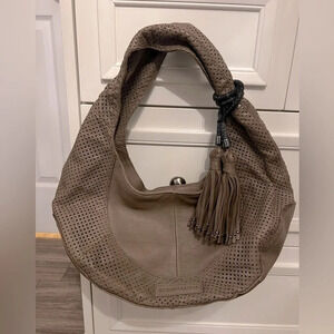 BCBG MAXAZRIA Faux Leather Grey Beige Shoulder Hobo Bag With Suede Fringe